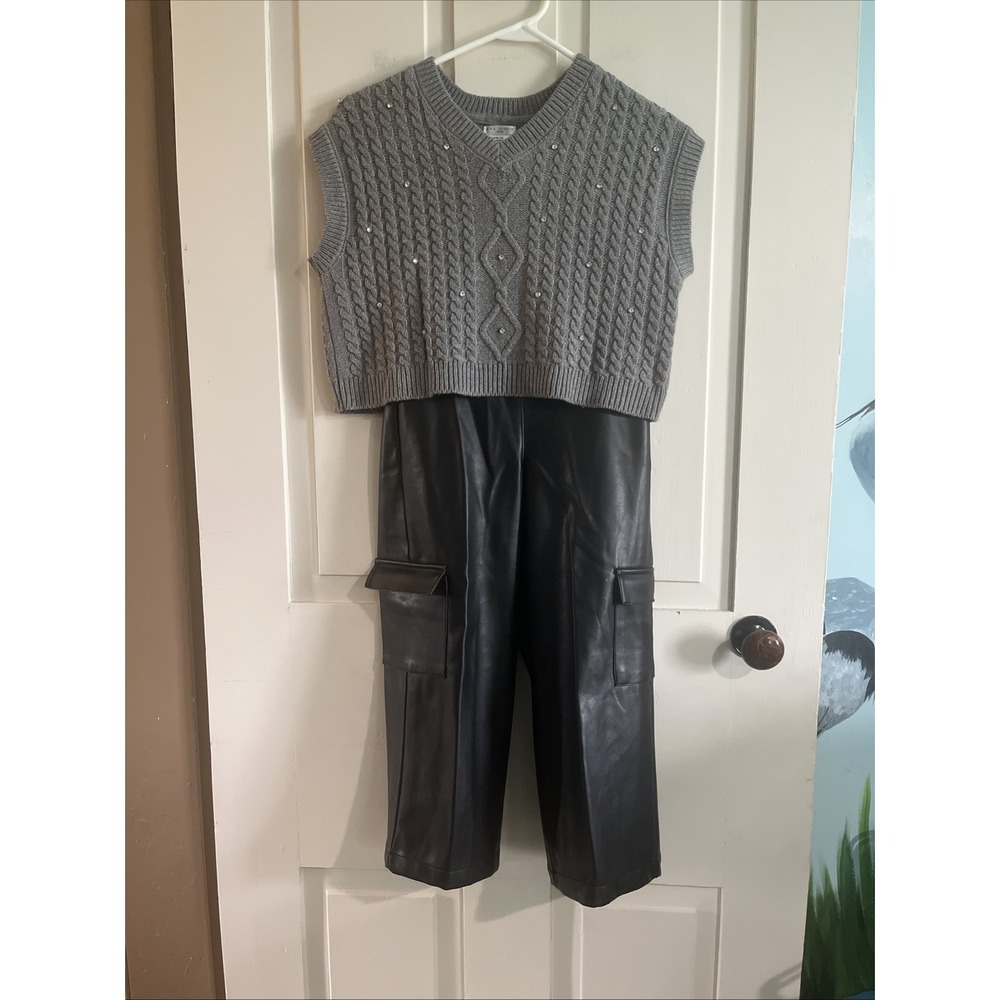 Max Studio Girls Size M 7/8 Faux Leather Pant & Sweater Vest Set
